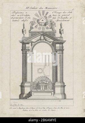 Altar mit sehenden Augenaltären (Serientitel) VI Cahier des Menuisiers (Serientitel Objekt) Entwurf für einen von zwei Engeln, zwei Vasen und darüber in einem Dreieck mit dem halosehenden Auge überragten Altar. Über einen vierzeiligen französischen Tekst. Hersteller: Druckereifachmann: Johann Thomas Hauer (börsennotiertes Eigentum) Träger des Privilemmas: Kaiserlicher Hof (denkmalgeschütztes Eigentum) Ort Herstellung: Augsburg Datum: 1758 - 188 Physikalische Merkmale: Ätzungs- und Engra-Material: Papiertechnik: Ätzung/Engra-Abmessungen (Druckverfahren) Abmessungen: Plattenkante: H 233 mm × W 161 mm Betreff: Altar Stockfoto