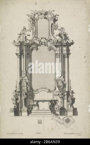 Altar-Bischofsbilder für Altäre (Serientitel) Gestaltung und Grundriss eines Altars mit Rocailleornamenten. Links und rechts zwei Bischöfe crosier, Palm und Heavy d. Herausgeber Nummer 49. Hersteller : Druckmaschine: Anonymer Entwurf von Franz Xaver Habermann (denkmalgeschütztes Gebäude) Herausgeber: Johann Georg Hertel (I) (denkmalgeschütztes Gebäude) Ort Herstellung: Augsburg Datum: 1740-1745 Physikalische Merkmale: Fahrzeugmaterial: Papiertechnik: Engra (Druckverfahren) Abmessungen: Plattenkante: H 334 mm × W 211 mm Betreff: Altarretabel, Bischof usw. (Römisch-Katholische) Stockfoto