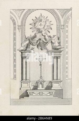 Altarbild mit Kreuzaltären (Serientitel) VI Cahier des Menuisiers (Serientitel) Gestaltung eines Altars im Innenraum. Treppen führen zum Altar, wo: Ein Kruzifix steht. Außerdem vier schwebende Engel. Gekrönt von einer Taube in Halo mit drei Engelenhoofden. Hersteller : Druckmaschine: Johann Thomas Hauer Grantor von Privilege: Kaiserliche Hofplaatherstellung: Augsburg Datum: 1758 - 1020 Physikalische Eigenschaften: Ätz- und Engra-Material: Papiertechnik: Ätzung/Engra-Messungen (Druckverfahren): Plattenkante: H 225 mm × W 161 mm Betreff: Altar Stockfoto