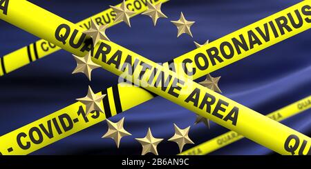 Coronavirus kovid19 Quarantänegebiet, Europa, EU. Pandemie-Virusausbruch breitete sich im Konzept der europäischen union aus. Text auf gelben Warnstreifen, deutsche Flagge Stockfoto