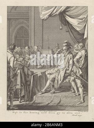 Alva fordert die Zehnte Penny, 1569 Ist Es der König, der sich in Alva sieht, dass GY (Titelobjekt) Szenen aus dem Leben von Prinz William I., 1568-1584 (Serientitel) Fernando Alvarez de Toledo - bekannt als der Herzog von Alva - verlangt in einer Sitzung der Staaten Zehntes Penning am 1569. Alva sitzt auf einem Stuhl mit Löwenpfoten. Er trägt einen Hut mit Federn und einen üppigen Fellbesatz auf seinem Mantel. Dieser Druck ist Teil einer Serie von 24 Drucken, die Szenen aus dem Leben von Prinz William I. von 1568 bis 1584 darstellen und ist eine Illustration für den vierten zang. Hersteller: Druckerhersteller: King Theodore (Listed Property) de Stockfoto