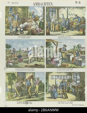 Handwerk (Titelobjekt) Meijers Drucke (Serientitel Objekt) Blatt mit 6 Aufführungen von Kunsthandwerkern, wie cooper, Kupferlager und Tischlerbuchdrucker. Unter jedem Bild eine zweizeilige Verse. Oben rechts nummeriert: Nr. 9. Hersteller : Herausgeber: De Ruyter & Meijer Druckautor: Anonymer Ort Herstellung: Amsterdam Datum: 1873 Physikalische Eigenschaften: Farblithograph in Gelb, Grün, Orange, Rot und Blau; Textdruckmaterial: Papiertechnik: Farblithograph (Verfahren) / Druckformate: Blatt: H 420 mm × W 344 mm Betreff: Handwerk und Industrie Tischler Steinschneider, Steinsägedrucker Stockfoto