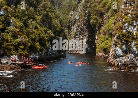 Eine Gruppe von Menschen in Kajaks, die auf einer Tour die Storms River Gorge von Storms River Mouth in Tsitsikampa entlang der Garden Route, Südafrika, erkunden Stockfoto