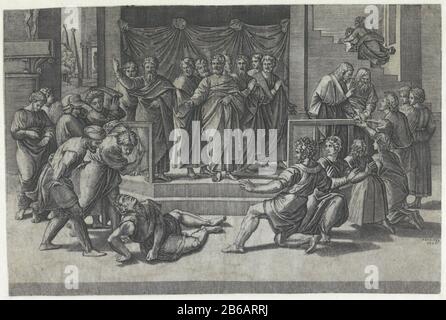 Amor mit Schild und Helm von Mars Amor fliegen mit den Händen den Schild und Helm Mars nach rechts. Hersteller: Druckmaschine: Agostino Veneziano (möglich) Wandbild: Rafael Ort Herstellung: Druckmaschine: Italien zum Wandbild von Rom Datum: 1500 - ca. 1536 Physische Merkmale: Fahrzeugmaterial: Papiertechnik: ENGRAA (Druckverfahren) Abmessungen: Blatt: H 122 mm (Innenkante der Schnittplatte) × W 167 mm (Innenkante der Schnittplatte) Hinweis Drucken Sie ein Detail des Freskos von Raphael im Gewölbe der Loggia di Psiche in der Villa Farnesina in Rom. Betrifft: ( Geschichte von) Schutzwaffen von Cupid, Amor (Eros): Shieldhelm Stockfoto