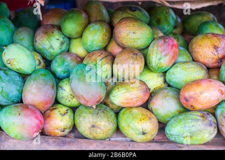 Roter und grüner Mango-Stapel im Lebensmittelgeschäft auf dem tropischen Markt im Freien, Samana-Halbinsel, Dominikanische republik. Stockfoto