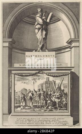 Der Apostel Bartholomäus schlug sich mit einem offenen Buch in die Hände. Bartholomäus steht auf einem Sockel, Auf Dem sich: Vor dem Martyrium offenbart. Oben in der Mitte drucken: FOL: 311. Hersteller : Druckerhersteller Jan Luyken (denkmalgeschütztes Gebäude) Druckerhersteller: Zacharias Chatelain (II) (denkmalgeschütztes Gebäude) in Zeichnung: Jan Goeree (Listed Property) Autor: François Halma (Listed Object) Herausgeber: François Halma Place Herstellung: Amsterdam Datum: 1698 Physikalische Merkmale: Ätzung und Engras; Proofing-Material: Papiertechnik: Ätzung / Engra-Druck (Druckverfahren) Abmessungen: Kantenplatte: Kantenplatte: H 280 mm × W 177 mmToelichtingIllustrati Stockfoto