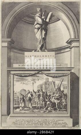 Der Apostel Bartholomäus schlug sich mit einem offenen Buch in die Hände. Bartholomäus steht auf einem Sockel, Auf Dem sich: Vor dem Martyrium offenbart. Oben in der Mitte drucken: FOL: 311. Hersteller : Druckerhersteller Jan Luyken (denkmalgeschütztes Gebäude) Druckerhersteller: Zacharias Chatelain (II) (denkmalgeschütztes Gebäude) in Zeichnung: Jan Goeree (Listed Property) Autor: François Halma (Listed Object) Herausgeber: François Halma Place Herstellung: Amsterdam Datum: 1698 Physikalische Merkmale: Radierung und Engra-Material: Papiertechnik: Ätzung/Engra-Material (Druckverfahren) Abmessungen: Blatt: Blatt: H 280 mm × W 178 mmToelichtingIllustratie Out: Cave, Wi Stockfoto