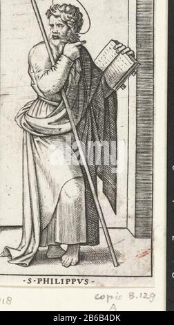 Apostel Philipp mit Kreuz S Philippvs (Titelobjekt) Christus und die Apostel (Serientitel) Apostel Philipp mit kruisS Philippvs (Titelobjekt) Christus und die Apostel (Serientitel) Objekttyp: Bild Artikelnummer: RP-P-ob-11.818Katalogogusreferentie: Bartsch 129-A Aufschriften / Marken: Sammlermarke, links unten, gestempelt: Lugt 12 Hersteller: Gestempelt Zu drucken von: Marcantonio Raimondinaar Design: Rafael Print Autor: Anonymer Standort Herstellung: Italien Datum: 1517 - 1577 Physische Eigenschaften: Engra-Material: Papiertechnik: Engraa (Druckverfahren) Maße: Blatt: H 84 mm × b 5 Stockfoto