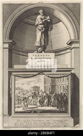 Außerdem enthauptete der heilige Jakobus Bygenaamd de Groote, Apostel Von Herodes (Titelobjekt) den Apostel Jakobus der Größere, der sich auf einen Gehstock in der Hand und eine Papierrolle gelehnt hatte. James steht auf einem Sockel, Auf Dem: Vorne ist Enthauptung abgebildet. Drucken Sie oben Mitte markiert: FOL: 279. Hersteller : Druckerhersteller Jan Luyken (denkmalgeschütztes Gebäude) Druckerhersteller: Zacharias Chatelain (II) (denkmalgeschütztes Gebäude) in Zeichnung: Jan Goeree (Listed Property) Autor: François Halma (Listed Object) Herausgeber: François Halma Place Manufacturing: Amsterdam Datum: 1698 Physikalische Merkmale: Radierung und Engra-Material: Papiertechnik Stockfoto