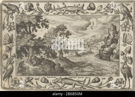 Seascape mit der Insel Patmos im Vordergrund. Auf der Insel ist der Apostel und Evangelist Johannes zusammen mit dem Adler sein Evangelisches Symbol. Er blickt auf den Himmel. Die Wolken erscheinen gekrönt von Maria mit dem Christuskind und dem siebenköpfigen Tier der Apokalypse. Der Druck hat eine Liste von Zierblumen und Tieren. Er ist Teil einer vierundzwanzigteiligen Landschaftsreihe mit biblischen, mythologischen Szenen und Jachttaferelen. Hersteller: Druckmaschine: Adriaen Collaert (denkmalgeschütztes Objekt) von Hans Bol (denkmalgeschütztes Gebäude) Herausgeber: Eduwart Hoes Winckel (denkmalgeschütztes Gebäude) Platzmanufactur Stockfoto