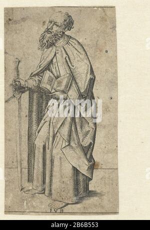 Apostel Paul Christus und die zwölf Apostel (Kleinserie) (Serientitel) Apostel mit Buch und schwer: D Hersteller: Druckerhersteller Meister FVB (Listed Property) Herstellung: Niederlande Datum: 1475 - 1500 Physikalische Merkmale: Fahrzeugmaterial: Papiertechnik: Engraa (Druckverfahren) Abmessungen: Blatt: H 87 mm × W 48 mm Betreff: Der Apostel Paul von Tarsus; mögliche Attribute: Buch, Schriftrolle, Schwert Stockfoto