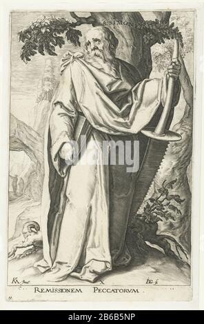 Apostel Simon Remissionem Peccatorvm (Titelobjekt) Christus, die Zwölf Apostel und St. Paul (Serientitel) Apostel SimonRemissionem Peccatorvm (Titelobjekt) Christus, die Zwölf Apostel und St. Paul (Serientitel) Objekttyp: Print Seriennummer: 11 / 14Objectnummer: RP-P-1906-316Catalogusentie: Holl2-2 Beschreibung: Hollholland Beschreibung: Hollinch Der Apostel Simon, der an einem Baum in Bergkulissen steht, in der rechten Hand ein Buch in der linken Hand eine Säge. Oben in der Darstellung mit DER Bezeichnung S. Simon. ' Unter den zeigen Sie eine Zeile mit lateinischem Text. Dieser Druck ist Teil einer Serie von 14 Bildern Stockfoto