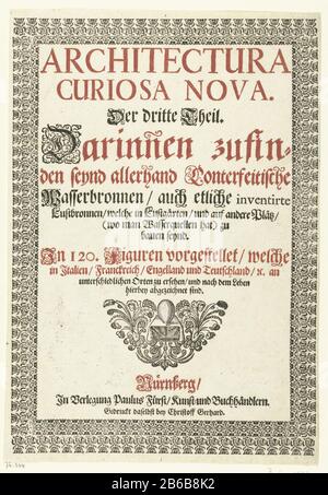 Architectura Curiosa Nova der Dritte Theil Architectura Curiosa Nova der Dritte Theil (titel op object) Architectura Curiosa Nova (serietitel) Der Text in Rot und Schwarz befindet sich in einer dekorativen Grenze zu Blumenmotiven. Zwischen dem Text befindet sich eine Vignette. Titelseite Von Teil III einer Serie bestehend aus 226 Seiten, aufgeteilt in vier Bücher mit jeweils eigenem Titelblad. Hersteller : Entwurf von Georg Andreas Böcklerprentmaker: Anonymer Drucker: Christoph Gerhard (denkmalgeschütztes Gebäude) Herausgeber: Paul Fürst (denkmalgeschütztes Objekt) Herstellung: Design Deutschlands (möglich) Druckmaschine: Deutschland (möglich) Drucker: Stockfoto