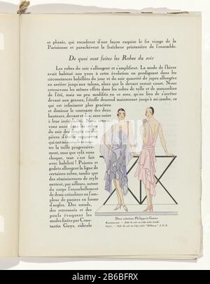 Text mit Titel wird nicht faites quoi les Robes du Soir. Bild von zwei Abendkleidern von Philippe et Gaston: "Regardez-moi und Ciro's. Seite der Modezeitschrift Art-Gout-Beauté (1920-1933) . Hersteller : Herausgeber: Charles Goymodeontwerper Philippe et Gaston (denkmalgeschütztes Gebäude) Vom: 1929 Physikalische Merkmale: Lithographie, Vorlagen und handschriftlich eingefärbt, Bürste in silberfarbenem Material: Papiertechnik: Lithographie (Technik) / Chor / Handfarbe / Pinselabmessungen: Blatt: H 315 mm × W 240 mm Betreff: Modeplatten Kleid, Kleid: Kleid: Kleid: Abendkleid (+ Damenbekleidung) Wo: 1929 - 1929 Stockfoto