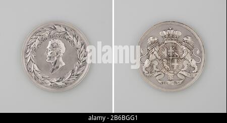 Arthur Wellesley, Herzog von Wellington Zilveren Penning. Voorzijde: Borststuk man binns omschrift en lauwerkrans. Keerzijde: Gekroond wappenschild, omhangen met orde van kouseband, geflankeerd door twee leeuwen, ieder met kroon rond nek die met ketting met elkaar zijn verbonden; boven wimpel met opschrift Hersteller : Daniel Friedrich Loosplaats Herstellen: Berlijn Material: 9 cm. × g 8,43 gr Betreff: Napoleontischer OorlogenWanneer: 1815 - 1815wie: Arthur Wellesley aus Wellington Stockfoto
