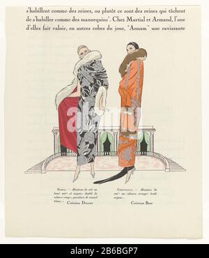 Zwei Frauen in Abendmänteln von Doucet und Bär, beide mit großen Fellkragen. Print Where: Offenbar von der Modezeitschrift Art-Gout-Beauté (1920-1933) . Hersteller: Druckereifachmann: Anonymer Modedesigner Jacques Doucet (denkmalgeschütztes Gebäude) Modedesigner Gustav Beer (denkmalgeschütztes Eigentum) Datum: Ca. 1924 Material: Papierfach: Modeteller Mantel (ABENDMANTEL) (+ Damenbekleidung) Mantel (ABENDMANTEL) (+ für Kleidung verwendetes Fell) Nackenausrüstung: Kragen (+ für Kleidung verwendetes Fell) Wann: 1924 - 1924 Stockfoto