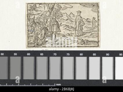 August Parabel der Barmherzigen Samariter Monate des Jahres (Serientitel) ) Plaats Herstellung: Nederland dating: 1600 - 1699 Physische Kenmerken: Houtsnede en tekst in boekdrauk in zwart en Rood op het verso Material: Papier Techniek: Houtsnede / boekdrauk Abmessungen: Blad: H 33 mm × b 53 mm Betreff: Ein Samariter, der die Wunden des travellera Priesters und/oder eines Leviten verspinnt, ohne den verletzten Mann  Gleichnis vom Barmherzigen Samariter zu besuchen Stockfoto