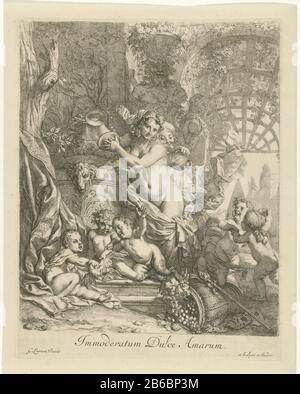 Bacchante umgeben von Kindern Immoderatum Dulce Amarum (Titelobjekt) neben einem Brunnen mit Musikbecken, umgeben von spielenden und tanzenden Kindern, befindet sich eine Bacchante. Hinter der Bacchante gibt eine Figur Wein aus einer Flasche. Im Vordergrund befinden sich ein mit Trauben, einem Thyrus und zwei Masken gefüllter Korb. Anhänger eines Drucks, der den betrunkenen Silenus darstellt. Hersteller: Druckmaschine: Gerard de Lairesse (unter Denkmalschutz stehende Immobilie) zum Gemälde von Gerard de Lairesse (unter Denkmalschutz stehendes Gebäude) Herausgeber: Gerard de Lairesse (unter Denkmalschutz stehendes Gebäude) Datum: 1670 - 1675 Physische Eigenschaften: Ätzmaterial: Papiertechnologie Stockfoto