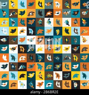 Funky Vogel Mosaik Vektor nahtloses Muster. Handgezeichnete Spielbirdies farbenfroher Hintergrund. Modisches farbenfrohes, geschlechtsspezifisches, dekoratives Scrapbook für Kinder Stock Vektor