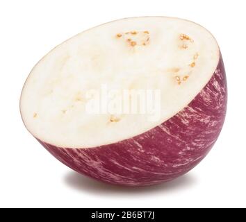 In Scheiben geschnittener gestreifter Auberginenpfad isoliert auf Weiß Stockfoto