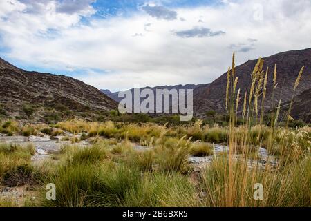 Berg- und Talblick entlang der Wadi Sahtan Straße und Schlangenschlucht in Al Hajir Bergen zwischen Nizwa und Mascat im Oman Stockfoto