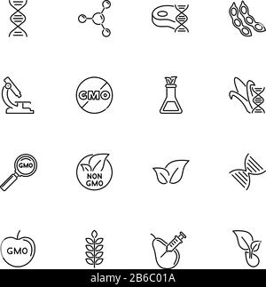 GMO, Biotechnologie, Science Outline Icons Set - Black Symbol on White background. Gentechnisch veränderte Produkte, Biotechnologie, Einfache Illustration Symbol - gefütterte Einfachheit Sig Stock Vektor