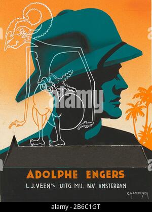 Reifendesign für Adolphe Engers, Arjuna Indian Novel, 1936 Kop van een man met een hoed tegen een achtergrond van palmbomen. OP de voorgrond een gestileerde vrouwfiguur met opkrullend haar. Hersteller: Zeichner: G. Hagemeyer (eigenhandig gesigneerd) dating: In of voor 1936 Physical kenmerken: Penseel in zwart, groen oranje, gehoogd met witte dekverf, Spatwerk, potlood; uitgeknipt vlak, opgeplact paper; geplakf Material: Papier / Papier H 219 mm × b 417 mm Betreff: Kopf (Mensch)Kopf-Zahnrad: Hut (+ ME Stockfoto