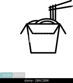 Nudeln in einem dünnen Kästchen mit einem Vektorsymbol für Essstäbchen. Fast-Food-Zeichen. Diagrammsymbol für das Kochen von Website und Apps Design, Logo, App, UI Stock Vektor
