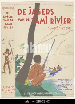 Reifendesign für Rudolf Voorhoeve, Die Abenteuer Tamirivier-Jäger in den Dschungeln Neuguineas, im Jahr 1936 sitzt ein neuguineischer Jäger in Lointuch mit einer Pistole in der Hand auf seinen Haunschen am Wasser. Er schaut auf ein Boot auf dem Wasser, Wo: Drei Männer sitzen unter Der Who: Ein Mann mit einer Pistole. In den Bergen im Hintergrund. Auf der Wirbelsäule ein Jäger einen Pfeil auf seinem Bogen spant. Hersteller : Illustrator F. Ockerse (persönlich signiert) Datum: Merkmale oder 1936 Physisch: Pinsel in Farben über Bleistift; eingefügte Materialstreifen: Papierfarben-Bleistifttechnik: Stift / Pinsel / Paste Abmessungen: H 321 mm Stockfoto