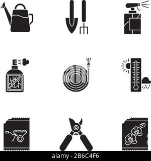 Gartenwerkzeuge und Materialien für den Innenbereich schwarze Glyph-Symbole auf weißem Raum. Garteninventar. Hausanlagen-Pflegeausrüstung. Gärtner-Kit. Silhouette Stock Vektor