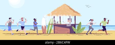 Leute, die an der Strand-Wohnung joggen Illustration. Läufer, die an der Strandbar vorbeifahren. Touristen, die an Land Sport treiben. Indonesien Tourismus 2D Cartoon Stock Vektor