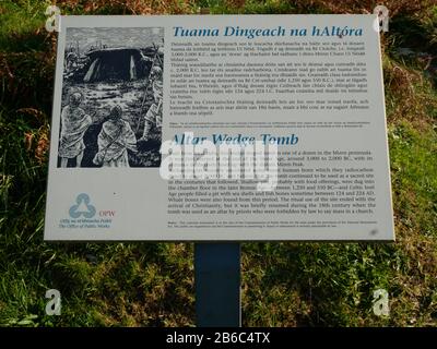 Informationshinweis zu Alter Wedge Tomb, Toormore Bay, Cork, Irland Stockfoto