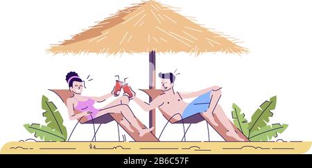 Paar auf Strand Wohnung Doodle Illustration. Mann und Frau auf Liegestühlen trinken Getränke. Sommerurlaub. Exotisches Land. Indonesien Tourismus 2D Cartoon Stock Vektor