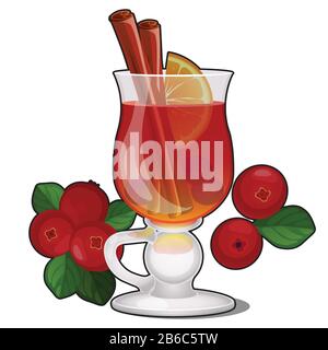 Glas transparentes Glas mit Preiselbeergetränk mit Zimt und Zitrone isoliert auf weißem Hintergrund. Nahaufnahme des Vektor-Cartoons. Stock Vektor