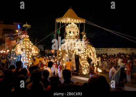 Kandy, Sri Lanka, August 2015: Überdachter Elefant, der während des Esala Perahera Festivals die Heilig-Zahn-Reliquie des Buddha trägt Stockfoto