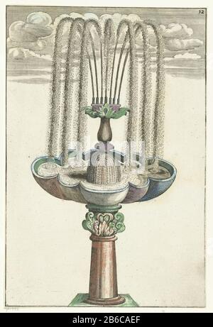 Bassin traf vier Lobben Architectura Curiosa Nova (serietitel) Das Becken befindet sich auf einer kurzen Säule mit einer imaginären Hauptstadt. Aus dem Becken erhebt sich eine stilisierte Vasenform, die in sieben Ausstacheln endet. Blatt 12 von Teil III einer Serie bestehend aus 226 Seiten, aufgeteilt in vier Bücher mit jeweils eigenem Titelblad. Hersteller : Design von Georg Andreas Böcklerprentmaker: Anonymer Drucker: Christoph Gerhard Verlag: Paul Fürst Herstellung: Design von Deutschland (möglich) Druckmaschine: Deutschland (möglich) Schaltfläche: Nürnberg Herausgeber: Nürnberg Datum: 1664 Physikalische Eigenschaften: Radierung, Handcolo Stockfoto