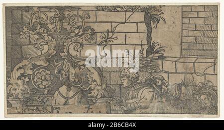 Bathsheba und ein Diener David Fragment eines Bildes von Bathsheba und Diener David und zwei Damen, Steinwand Hintergrund. Fragment auf Papier eingeklebt, Ecke unten links von anderem Prent. Hersteller: Druckmaschine: Anonymer Ort Herstellung: Antwerpen (möglich) Datum: 1520 - 1540 Physikalische Merkmale: Holzschnittmaterial: Papiertechnik: Holzschnitt Abmessungen: Bild: H 90 mm (Schnitt) × b 174 mmToelichtingCompleet Kopie London (Print Room), unter Urs Graf. Subjekt Bathsheba diese erhält einen Brief von David Stockfoto