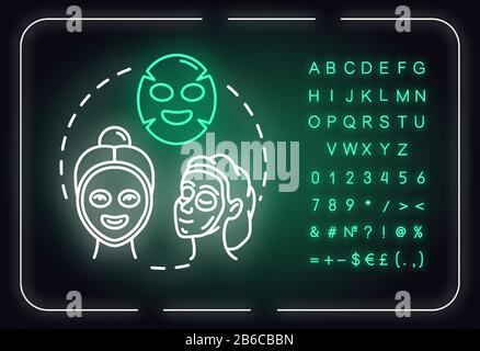 Bilden Sie Masken normales Neon-Licht-Konzeptsymbol. Hautpflege, Spa, Kosmetologie, Schönheitsverfahren Idee. Äußeres leuchtendes Zeichen mit Alphabet, Zahlen und Symbolen Stock Vektor