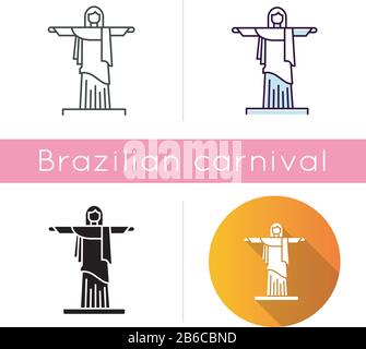 Christus, die Erlöser-Ikonen, sind gesetzt. Lineare, schwarze und RGB-Farbstile. Brasilianische Skulptur. Cristo Redentor. Statue von Rio de Janeiro. Das Christentum. Brasilien Stock Vektor