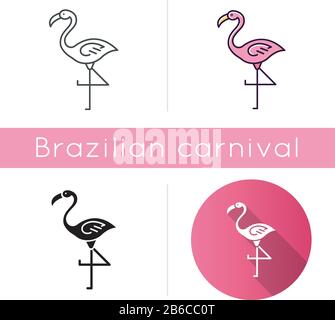 Flamingo-Symbole festgelegt. Lineare, schwarze und RGB-Farbstile. Exotischer Wildvogel. Tropische Kreatur. Tierwelt. südamerikanischer Lebensraum. Isolierter Vektor Stock Vektor