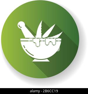 Mörtel mit pfriemgrünem Flachdesign mit langer Schatten-Glyphe-Ikone. Reiben von Blättern. Aloe vera sprießt in der Schüssel. P Flüssigkeit der medizinischen Kräuter. Kosmetik und Stock Vektor