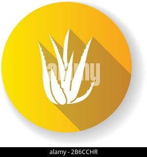 Symbol für langschattenige Glyphe im gelben Design von Aloe vera. Saftig wachsende Sprossen. Kakteenblätter, Dornen. Heilkraut für Hautpflege. Zutat für Stock Vektor