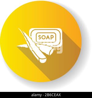 Seifengelb, seifengelb, flaches Design, lange Schatten-Glyphe. Organische Toilettenartikel. Kosmetische Aloe vera. Hygiene und gesunde Hautpflege. Reinigungsbehandlung Stock Vektor