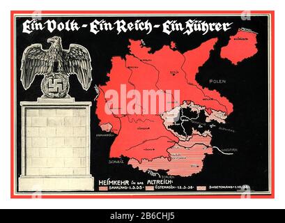 1938 NAZI-DEUTSCHLAND HEIMKEHR EIN VOLK-EIN REICH-EIN FÜHRER ALTREICH Propaganda Anschluss Großdeutschlands Plakat zur Erinnerung an die Rückkehr des Sudetenlandes und die Annekierung Österreichs an das Deutsche Reich mit Deutscher Adler und Swastika auf Steinsockel von Otto Hoppe, Berlin, Nazi-Deutschland Stockfoto