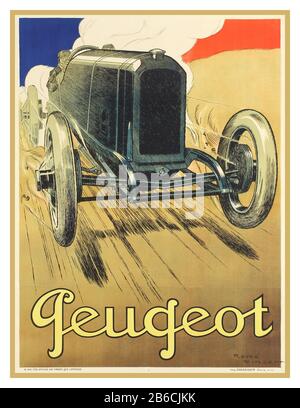 Oldtimer Peugeot Motor Racing Car 1912 Poster - Auto - Frankreich von Künstler Rene Vincent (1879-1936) Peugeot, Automobil-Poster, Künstler: Rene Vincent 1919 Stockfoto