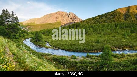 Schöner Blick auf den Gebirgsfluss im Sommer im Altai-Gebirge, Sibirien Stockfoto