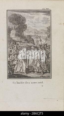 Die Grablegung von Tatius Titus Tatius, dem König der Sabiner, auf einem Scheiterhaufen, wurde vergraben. Seine Truppen trauerten um das Feuer. NUMA tröstet seine Tochter Tatia. Im Hintergrund Rom. Mit einer französischen Sonderschrift. Hersteller : Druckerhersteller Henri-Joseph Godin (Listed Property) Autor: Jean Pierre Claris de Florian Herausgeber: Benoît le FrancqPlaats Herstellung: Druckmaschine: Lütticher Herausgeber: Brüssel Datum: 17090-1 Physische Merkmale: Engra und Druckmaterial: Papiertechnik: ENGRAA (Printing Process) / Druckformate: Blatt: B 136 mm × h 75 mmToelichtingBoekillustriatie Jean Pierre Claris de Florian, 'Numa Pompilius Stockfoto