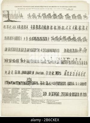 Trauerzug von Wilhelm IV., Prinz der Orangenleiche Statie Johan Willem Carel Hendrik Friso, Prinz von Orange und Nassau (Titelobjekt) die Beerdigung von Wilhelm IV., Karel Hendrik Friso fand 1751 in den Haag statt. Der Druck besteht aus acht horizontalen Streifen mit Teilnehmern an der Trauerprozession. Die Teilnehmer sind nummeriert, und am unteren Bildrand befindet sich eine Legende, die jede Zahl erklärt. Hersteller: Druckmaschine: Jacobus Kauft Anbieter von Privilegien Unbekanntes (börsennotiertes Eigentum) Herstellung: Amsterdam Datum: 1752 Physikalische Merkmale: Ätzmaterial: Papiertechnik: Ätzmaße: Platte Stockfoto