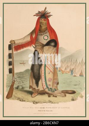 Klassische, 1850er Jahre Lithograph von Waa-na-taa, In Erster Linie in Battle, Chief of the Sioux Tribe von Künstler James Otto Lewis, Philadelphia, PA Sitter Waa-na-taa Chief Sioux Tribe Native American Graphic Art Print Illustration Color Lithograph Graphic Ethnic IndianSioux Tribe Stockfoto