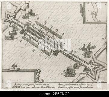 Belagerung und Einnahme von Antwerpen 1585 von Parma Pontonbrücke über die Schelde-Parma-Pontonbrücke über die Schelde. Teil einer Gruppe von Darstellungen der Belagerung und Einnahme von Antwerpen durch den Herzog von Parma im Juli 1584 bis zum 17. August 1585. Mit Unterschrift von vier Zeilen in lateinischer Sprache. Nummer 165. Auf der Rückseite mit Text in Latijn abgedruckt. Hersteller: Druckmaschine: Anonym gedruckt von der französischen Hochschuhherstellung: Nordholland Datum: 1613 - 1615 Physikalische Merkmale: Ätzmaterial: Papiertechnik: Ätzmaße: Blatt: H 135 mm × W 163 mmToelichtingIllustratie stammen von W. Baudarti Stockfoto